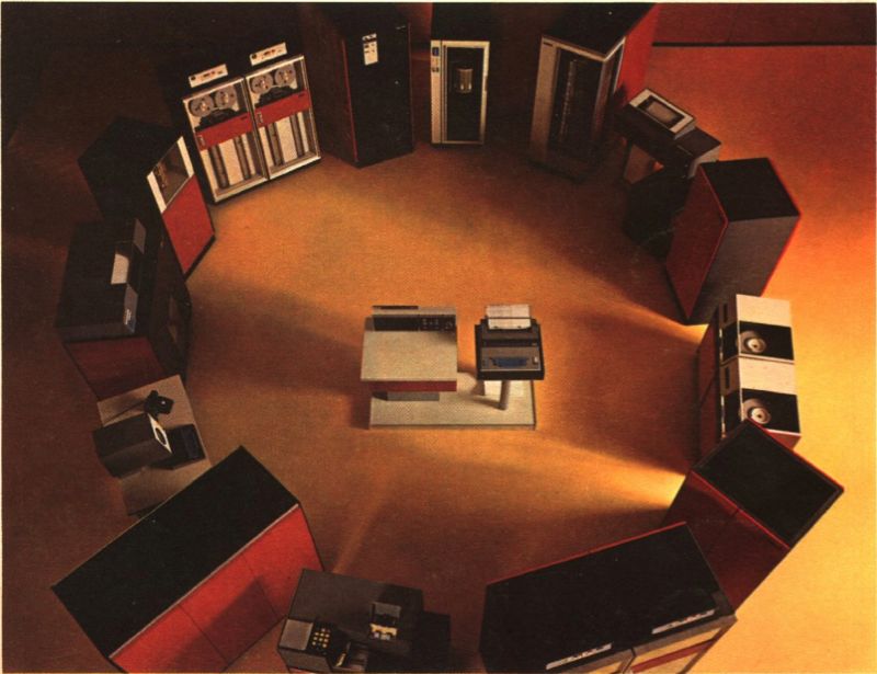A row of IBM System/360 computer units arranged for the 1964 product announcement