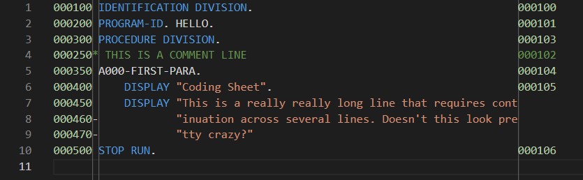 Example of structured fixed-form COBOL code using traditional column-position conventions