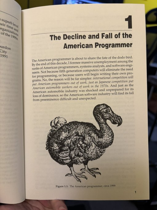Illustration of a dodo bird, symbolizing Yourdon's prediction that American programmers faced extinction