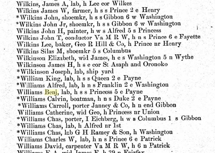 Alexandria City page showing Benjamin Williams living at the 1204 Princess Street lot.