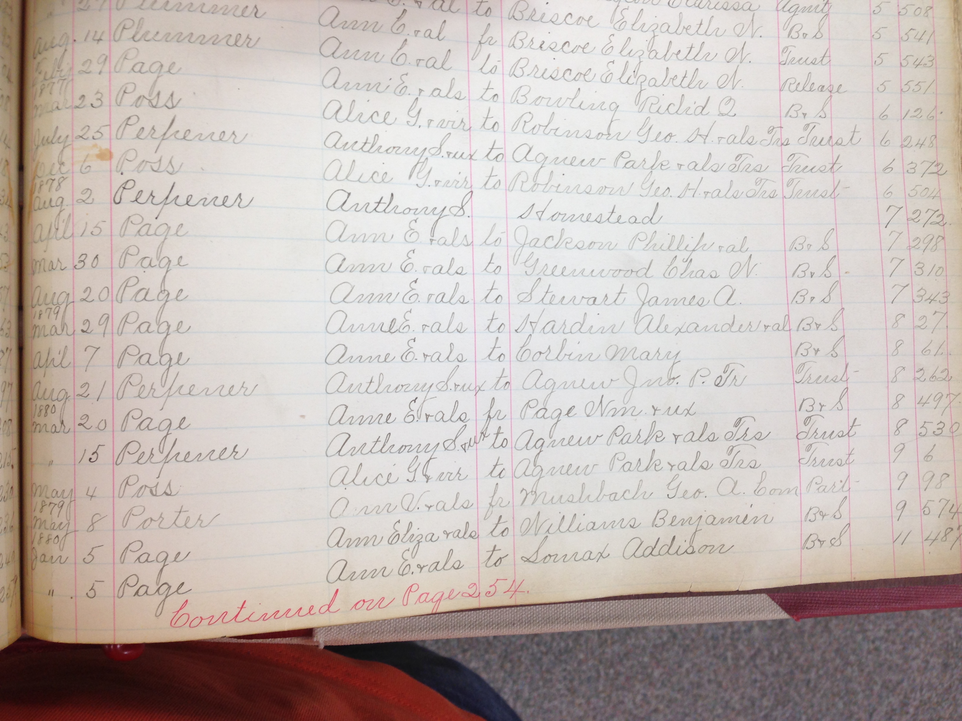 Deeds Ledger open to first page of entries showing Anne Page