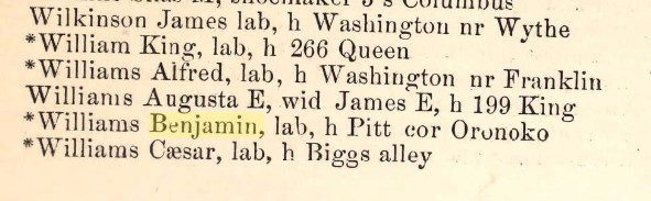Image of the 1876-1877 Alexandria City Directory showing Benjamin Williams