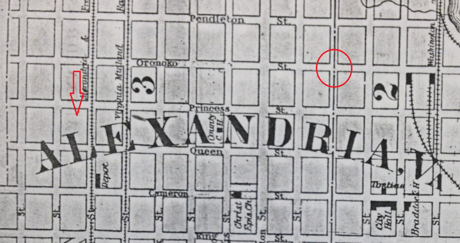 Map showing the suspected previous site of the house in relation to the current location at 1204 Princess Street