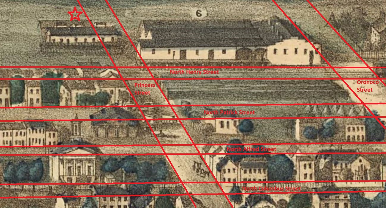 Detailed drawing of Alexandria City from 1863 with street names added by author